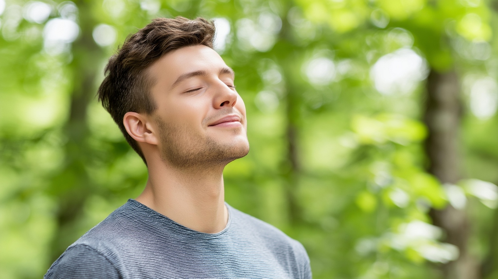 Homme apaisé en pleine nature, yeux fermés, illustrant une énergie stable et un retour au calme intérieur