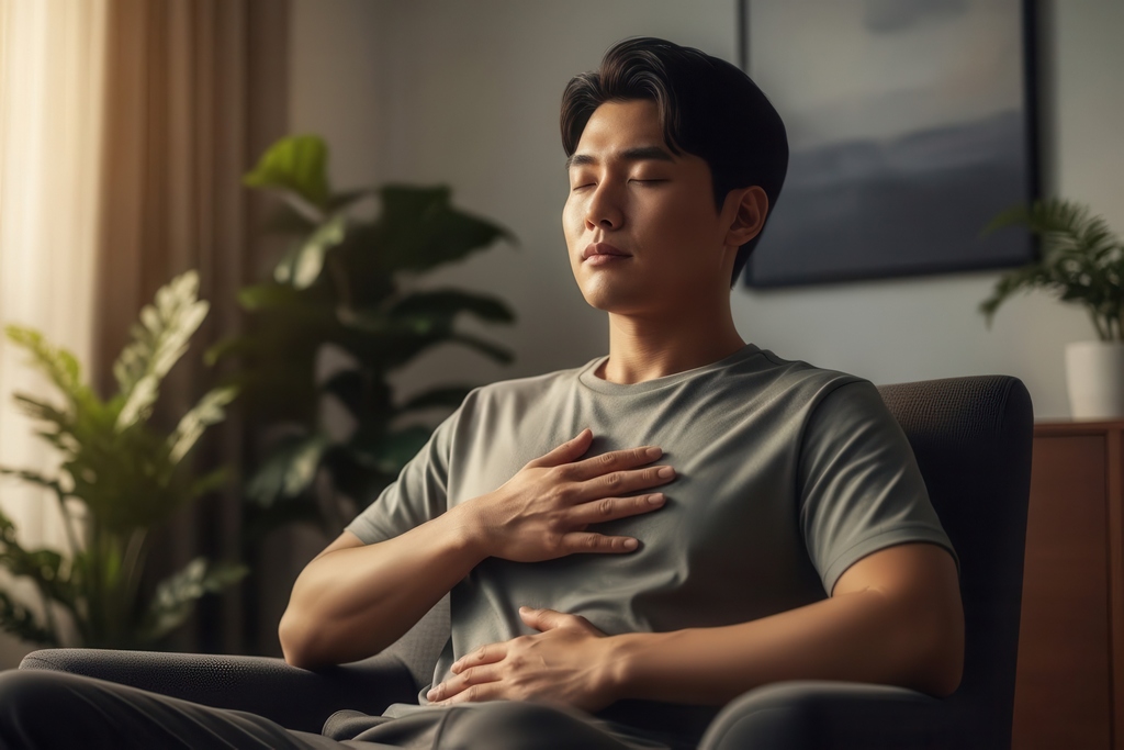 Homme en respiration consciente avec mains sur le cœur et le ventre, illustrant le recentrage et la circulation de l’énergie