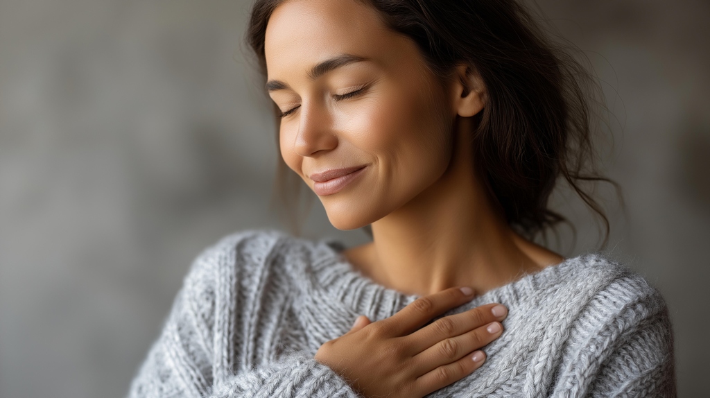 Femme les yeux fermés, main sur le cœur, en état de reconnexion intérieure et d’apaisement énergétique