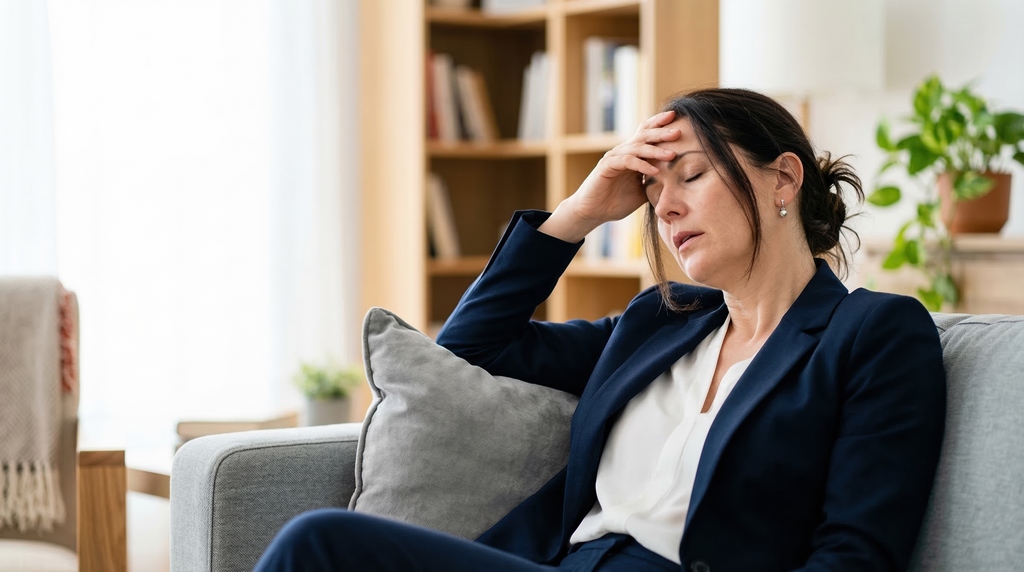 Femme en surcharge émotionnelle et fatigue nerveuse liée au stress chronique