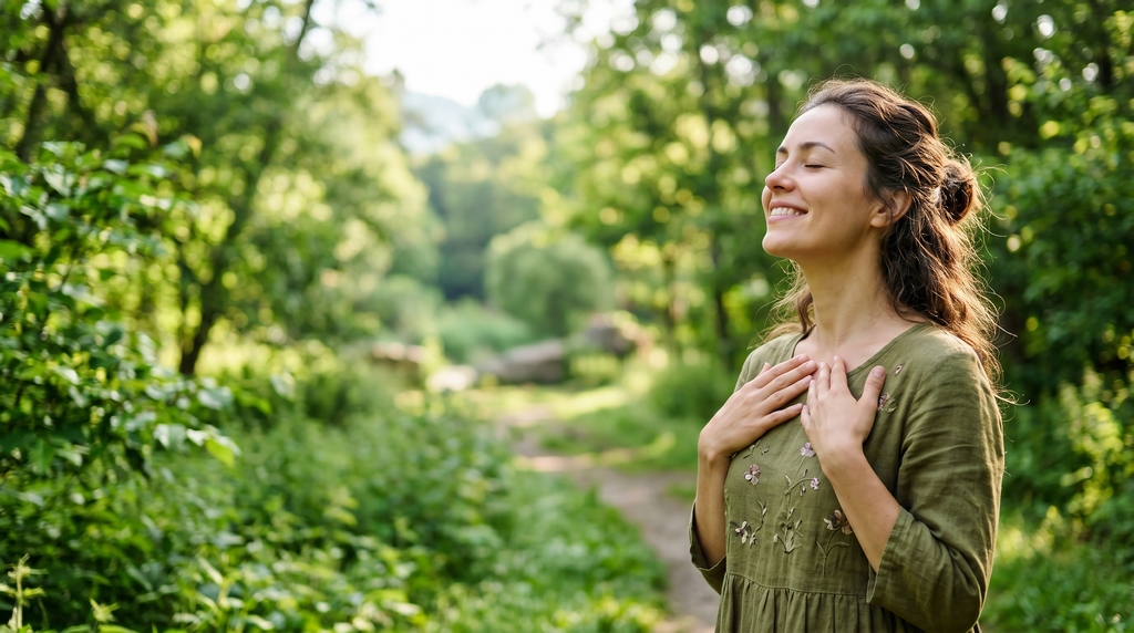 Femme retrouvant une sensation d’apaisement et de respiration profonde après une période de stress émotionnel