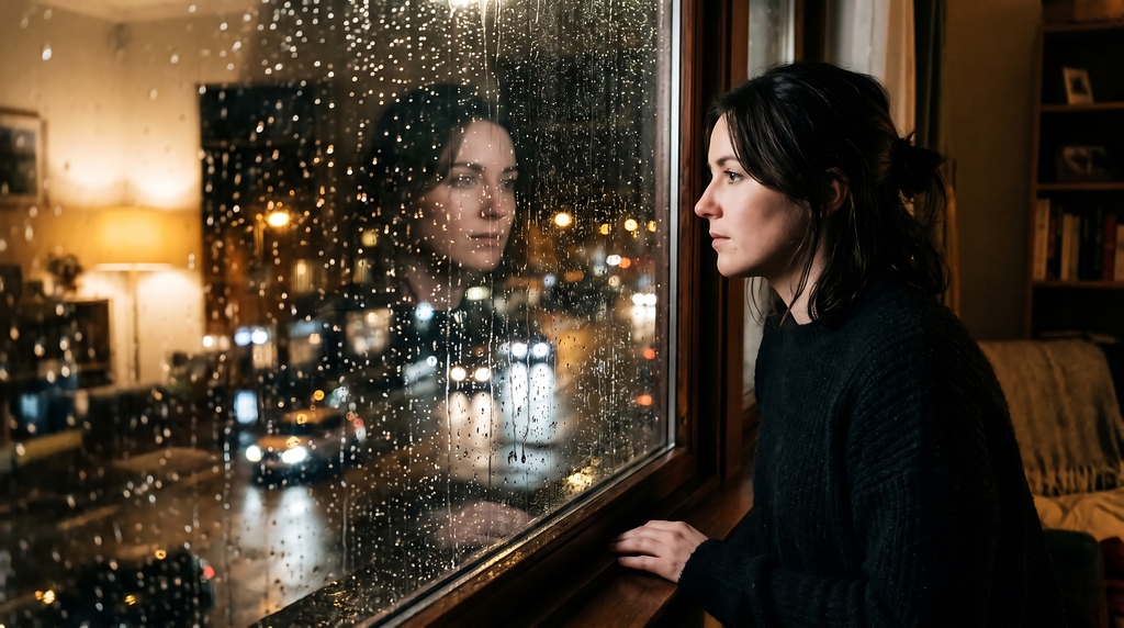 Femme regardant son reflet dans une fenêtre sous la pluie, illustrant les schémas répétitifs et les blocages émotionnels en médecine chinoise