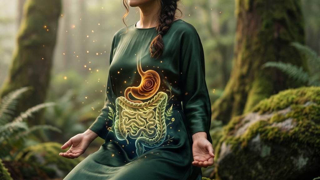 Femme méditant dans la nature avec une représentation du système digestif, illustrant le microbiote et la santé intestinale en médecine chinoise.